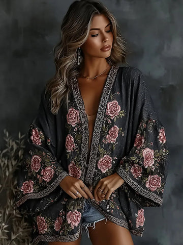 Women's Vintage  Spring Floral Roses Embroidered Art Print Flowy Linen Blend Kimono