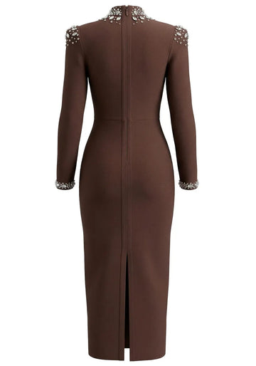 Long Sleeve Crystal Embellished Maxi Dress Brown