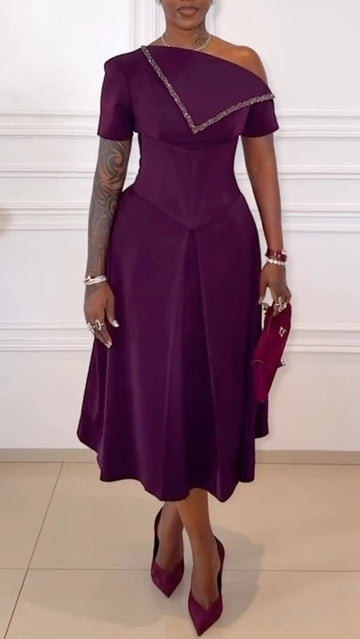 Deep Purple Off-the-Shoulder Midi Dress