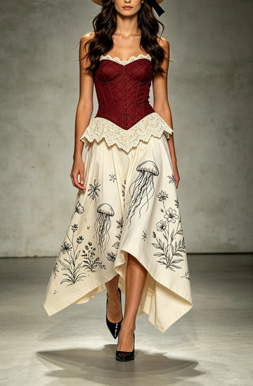 Women's Jellyfish Print Corset Asymmetric Midi Dress Set