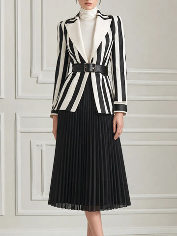 Black White Vertical Stripe Tailored Blazer & Pleated Midi Skirt Two-Piece Suit Set