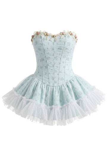 Strapless Floral A Line Corset Dress Light Blue