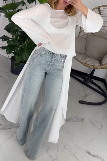 Women's Asymmetrical Chiffon Blouse + Rhinestone-Embellished Flared Jeans Set
