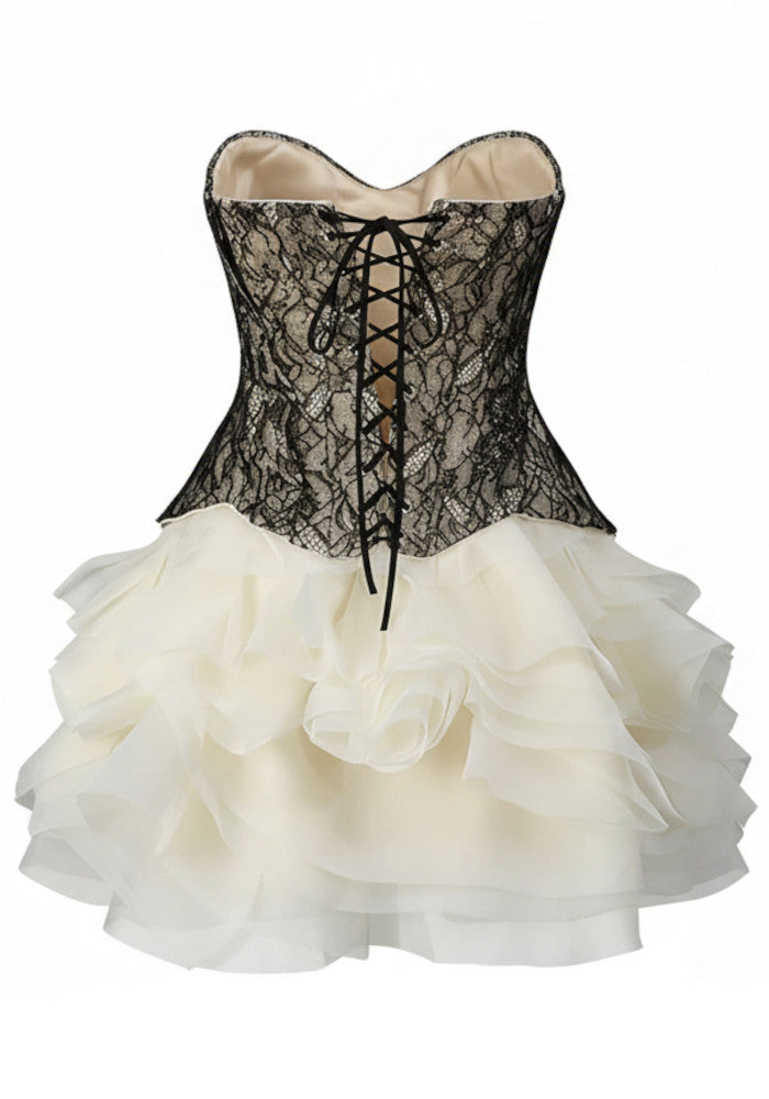 Strapless Lace Corset Ruffle Two Piece Dress Black Ivory
