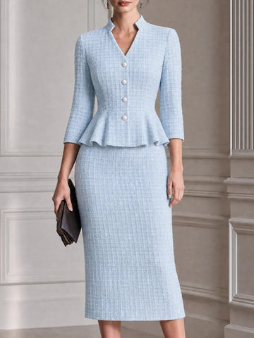 Stand Collar Peplum Jacket & Midi Pencil Skirt Waffle Suit