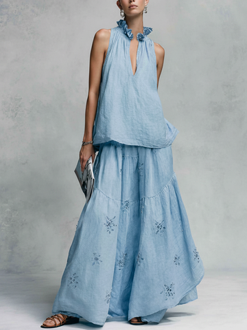 Women's Vacation Light Blue Linen-Cotton Embroidered Ruffle Collar Sleeveless Maxi Dress MDZ2362D7GMJ