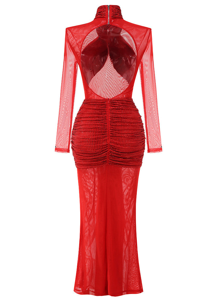 Long Sleeve Sparkly Draped Maxi Dress Red