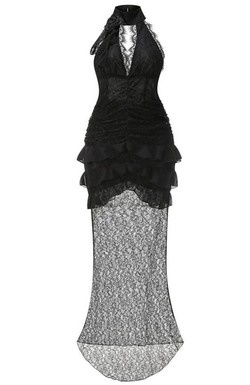 Halter Ruffle Lace Maxi Dress Black