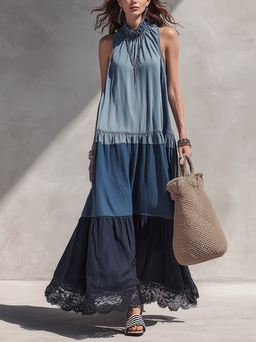 Bohemian Tiered Color-Block Maxi Dress