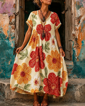 Women's Vacation Linen Boho Floral Print V-Neck Short Sleeve Maxi Dress