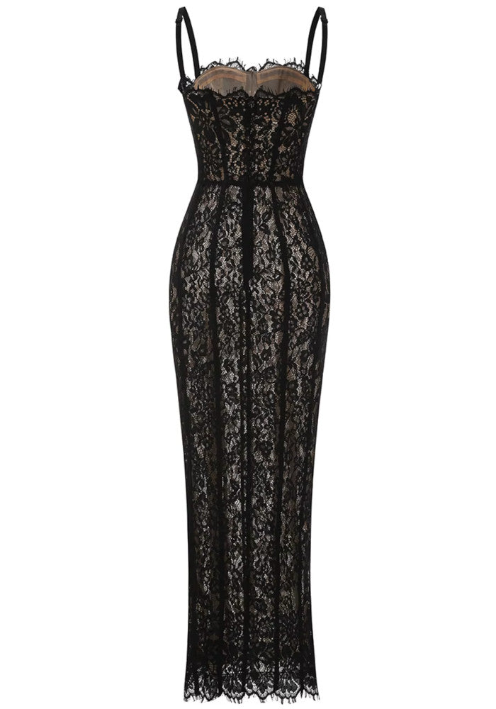 Lace Bustier Detail Maxi Dress Black