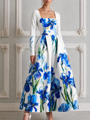 White Watercolor Blue Iris Print Square Neck Long Sleeve A-Line Maxi Dress