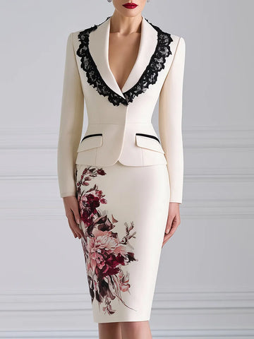 Lace-Trim Floral Blazer And Pencil Skirt Set
