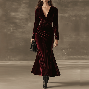 Elegance Burgundy Velvet Wrap Maxi Dress