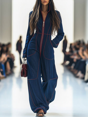Women's Lapel Retro Zipper Pocket Long-Sleeved Wide-Leg Denim Jumpsuit