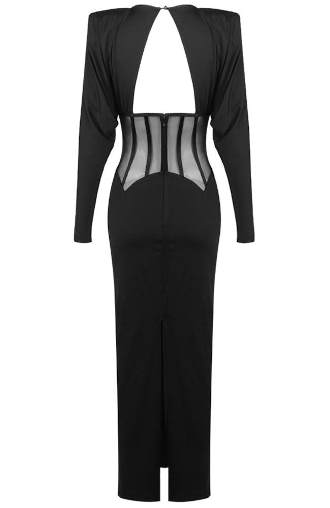 Long Sleeve Structured Mesh Maxi Dress Black