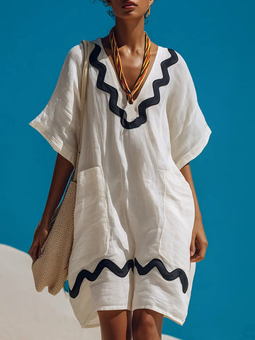 Vintage-style Elegant Scalloped-edge White Cotton-linen Short-sleeve Mini Dress
