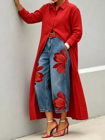 Long shirt paired with a floral wide-leg denim trouser set