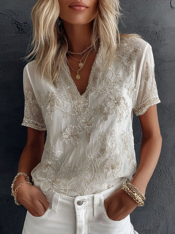 Women's Floral Embroidery Casual Cotton Linen V-neck T-shirt