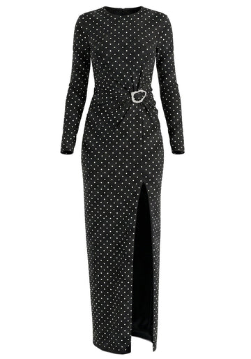 Long Sleeve Draped Polka Dot Maxi Dress Black