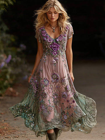 Women's Retro Purple Floral Gradient Pattern Casual Short-sleeve Dress