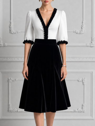 White Black Contrast Ruffle V Neck Velvet A-Line Midi Dress