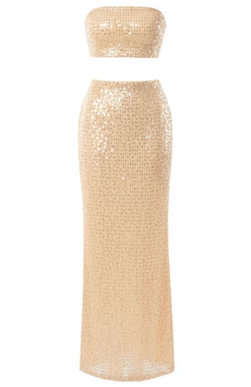 Strapless Embellished Two Piece Maxi Dress Peach