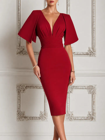 Red Dress Fall Wedding Guest Dress Pleated Waist Pencil Midi Dress
