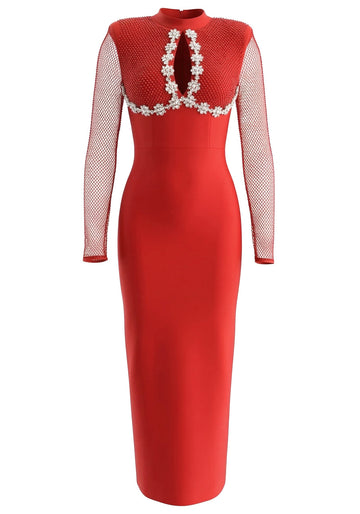 Long Sleeve Crystal Floral Detail Maxi Dress Red