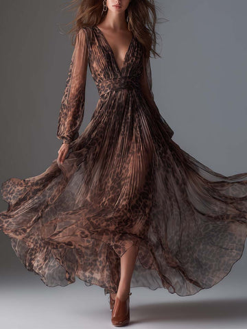 Leopard Chiffon Pleated Maxi Dress