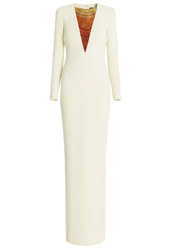 Long Sleeve Embellished Neckline Maxi Dress Ivory