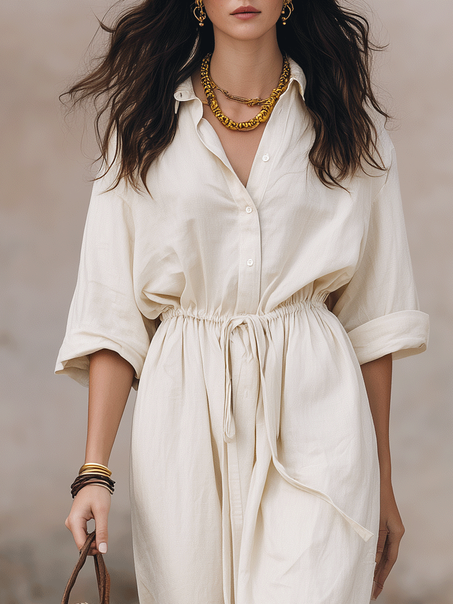 Effortless Bohemian Linen Shirt Maxi Dress With Drawstring Waist