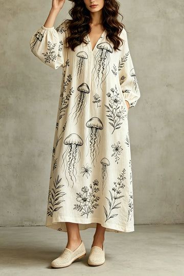 Women's Jellyfish Print Maxi Dress with Bishop Sleeves & V-Neck
