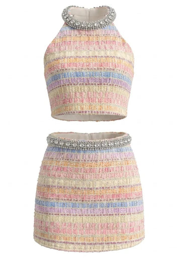 Crystal Neckline Two Piece Dress Rainbow