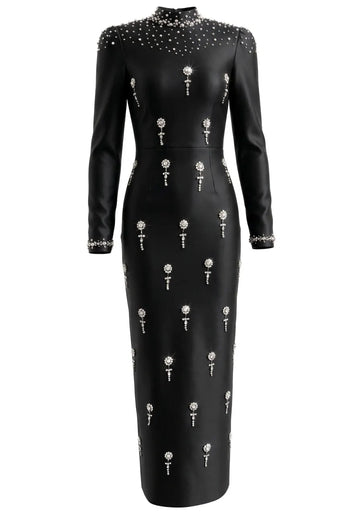 Long Sleeve Crystal Embellished Maxi Dress Black