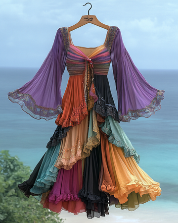 Elegant contrast color vacation rainbow maxi dress 6461