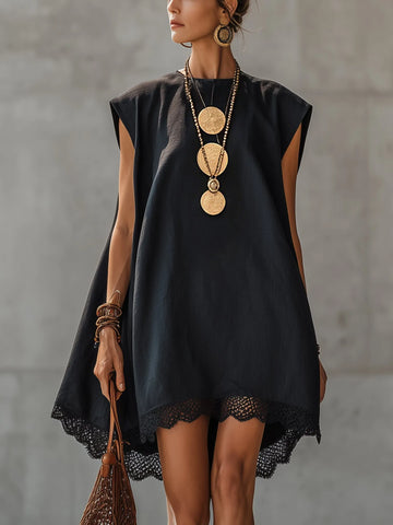 Black Sleeveless Lace-trimmed Irregular Loose Mini Dress