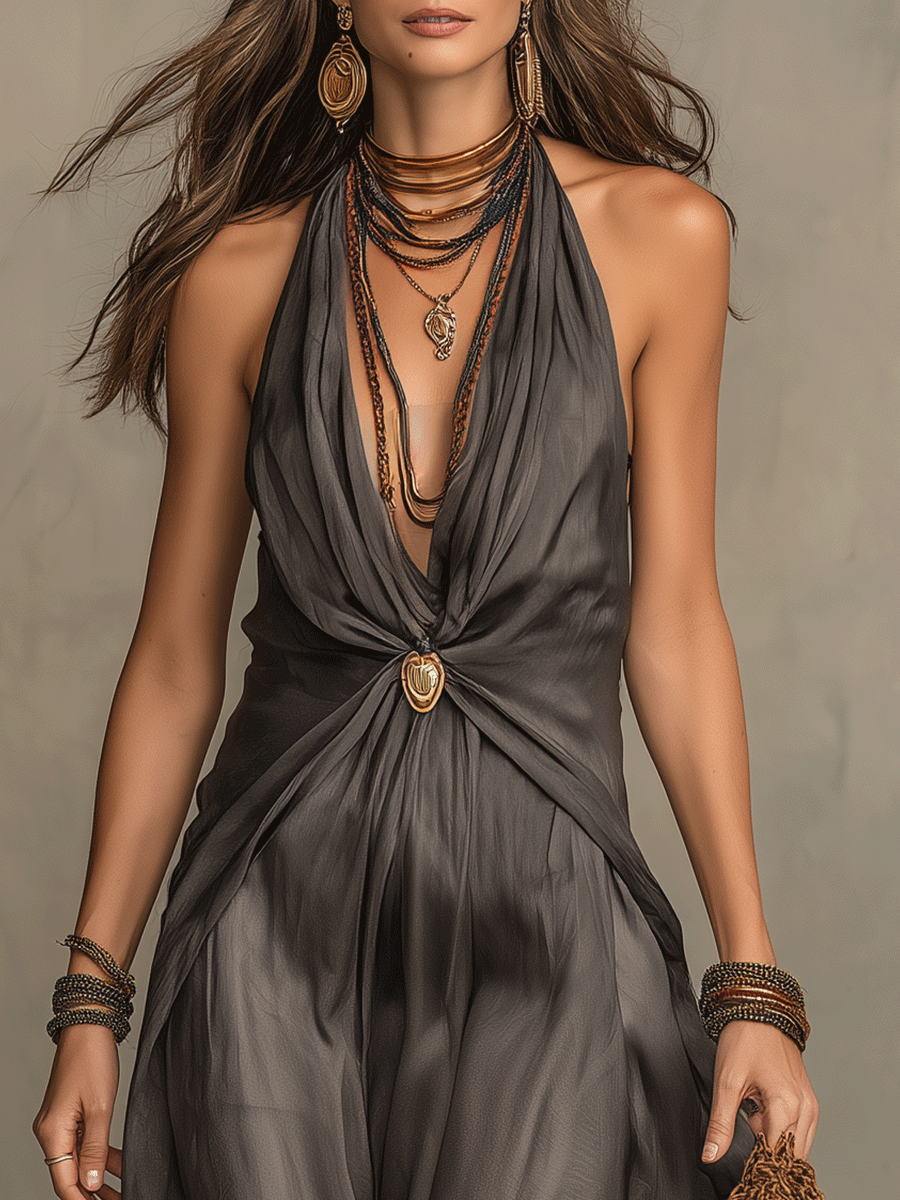 Refined Bohemian Plunge Knot Maxi Dress