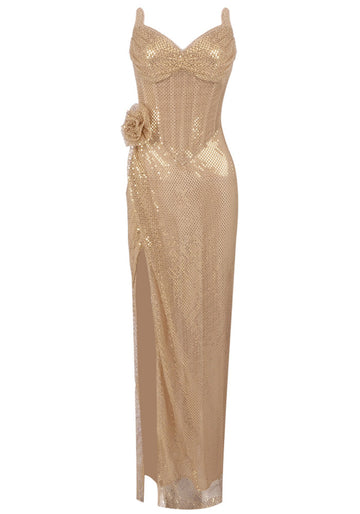 Strapless Sparkly Floral Corset Maxi Dress Gold