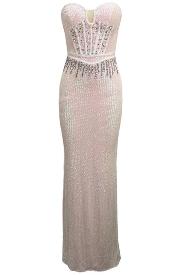 Strapless Bustier Crystal Sequin Maxi Dress Pink