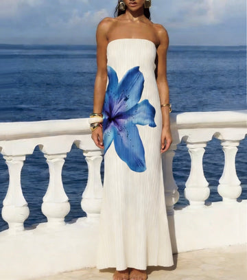 Resort-style pleated strapless dress