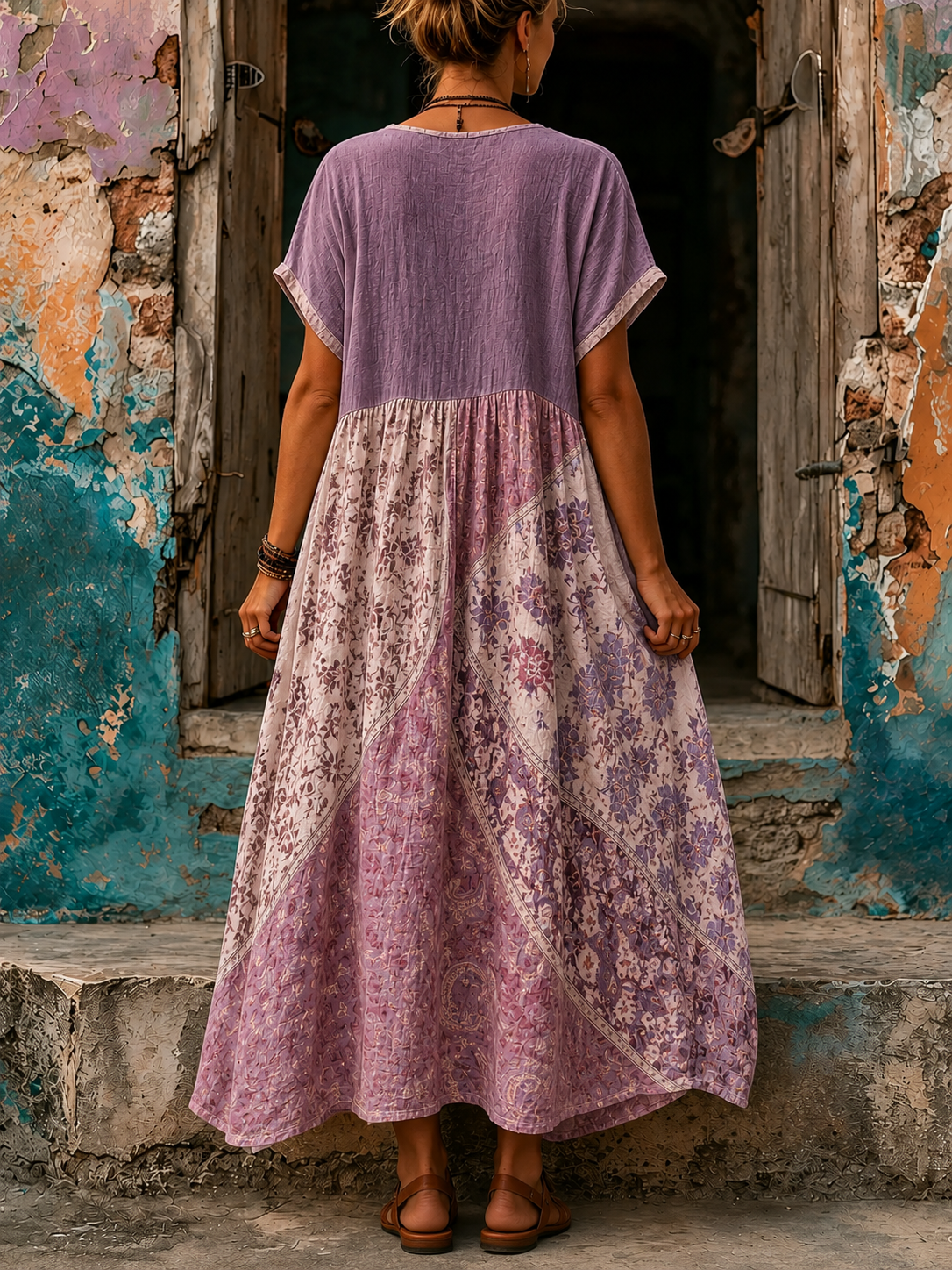 Women's Vacation Linen Floral Print V-Neck Short Sleeve Maxi Dress