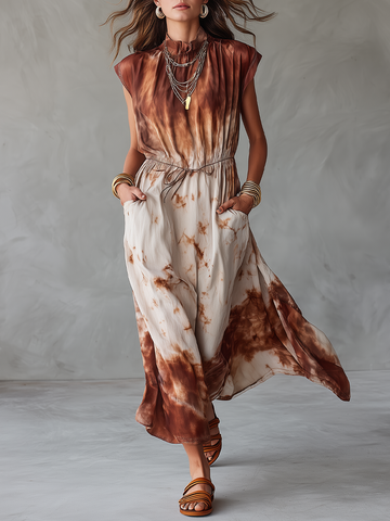 Minimal Mocha Tie-Dye Drawstring Maxi Dress