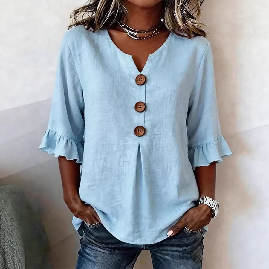 Solid V-Neck Button Ruffle Half Sleeve Casual Top