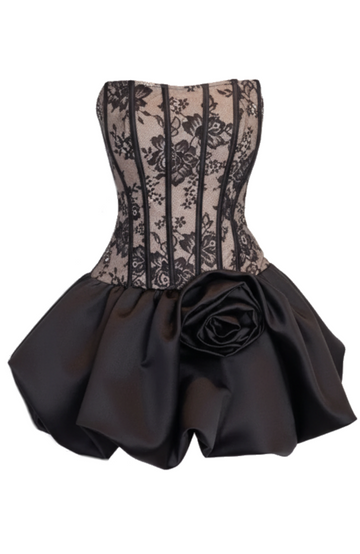 Strapless Floral Lace Corset Puff Dress Black