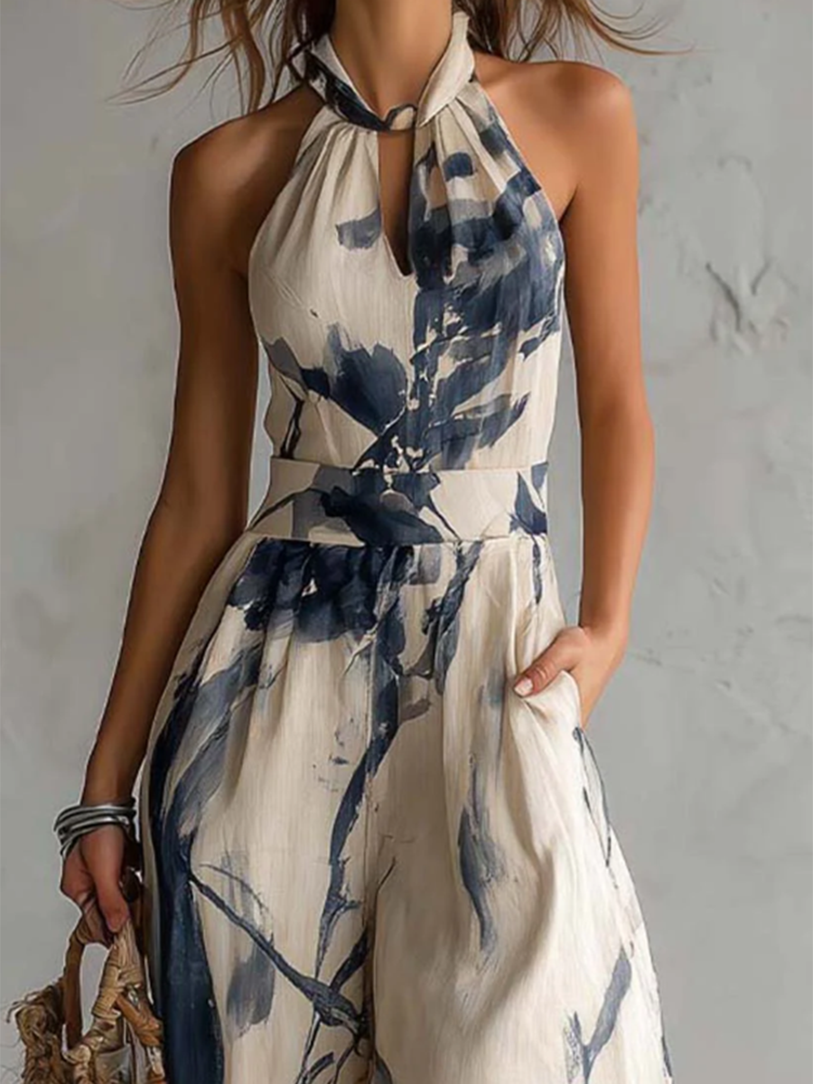 Retro-elegant Ink Wash Print Jumpsuit