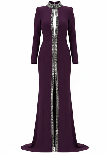 Long Sleeve Crystal Trim Maxi Dress Plum