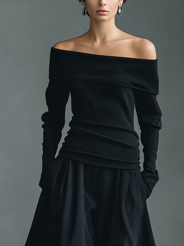 Women’s Black Knit Off-the-Shoulder Long Sleeve Ruched Waist Fitted Top MDA0400L1T