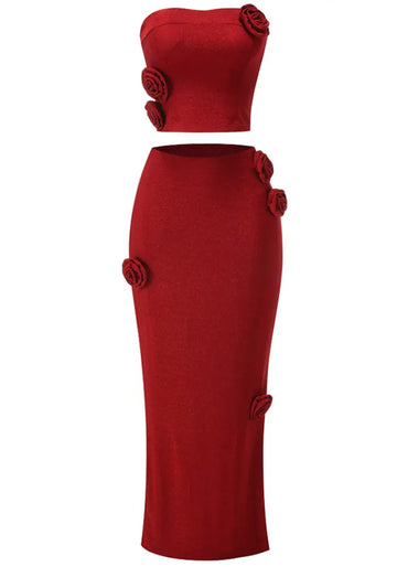 Strapless Sparkly Floral Two Piece Maxi Dress Red