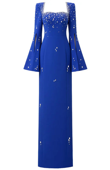 Cape Sleeve Crystal Maxi Dress Blue